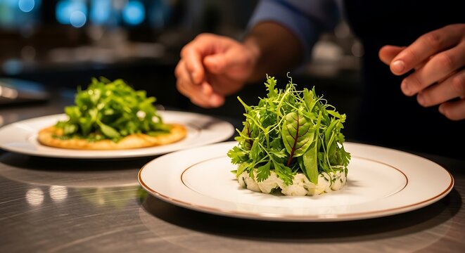 A professional chef meticulously plating a fresh arugula salad on an elegant white plate in a restaurant kitchen, with another dish blurred in the background. - Powered by Adobe