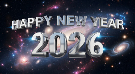Happy New Year 2026 3D Text on a Vibrant Space and Nebula Background.