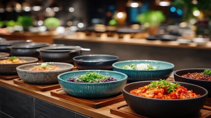 Assorted Food in Bowls on Wooden Countertop at a Restaurant Buffet Display with Blurred Background