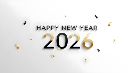Happy New Year 2026 Greeting with Elegant Gold and Black Confetti.