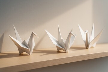 Three white origami cranes displayed on a wooden shelf in soft natural daylight against a neutral wall background as a peaceful hobby concept. Ai generative