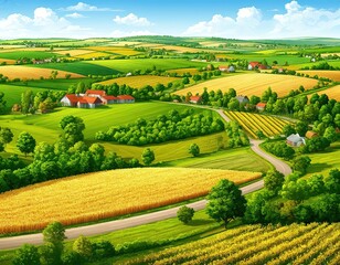 rural landscape - green and yellow fields, roads, houses. bright illustration.