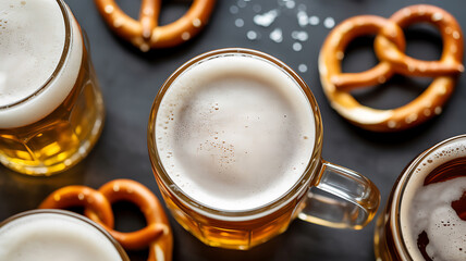 Mugs of beer with foam and pretzels on a dark surface
