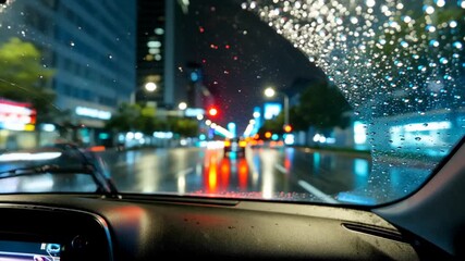 Rainy night drive: Urban car windshield perspective in the city - Powered by Adobe