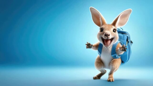 Cheerful cartoon kangaroo with backpack hopping on a blue background. Back to School, School Season, First Day of School - Education Supplies, Academic Year Beginning