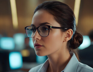 Office woman in vs glasses, metaverse hologram, and cyberspace. Portrait of a confident businesswoman.