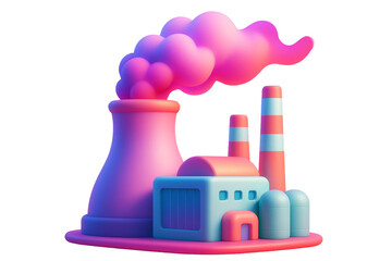 Colorful toy-like factory with chimneys and pink smoke, stylized in soft gradient style, isolated on white background, concept of industry. Ai generative