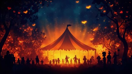 Enchanted circus at night surrounded by forest and silhouetted spectators. Halloween, All Hallows Eve, Samhain - Spooky Holiday Season, Fall Festival Celebration - Powered by Adobe