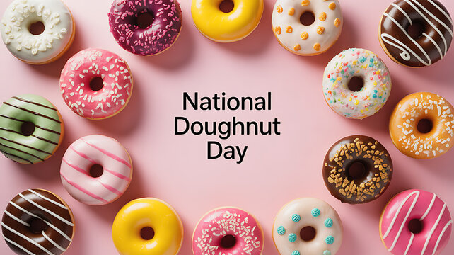 Colorful assortment of doughnuts arranged in a circle on pink background celebrating National Doughnut Day