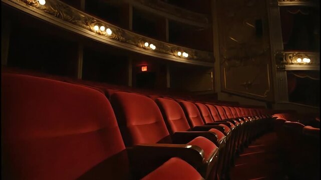 Grand Theater Interior: A captivating view of a grand theater's interior, featuring rows of plush red seats and intricate architectural details that evoke a sense of anticipation and artistry.