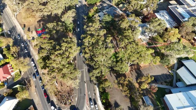 Keith Stephenson Park, Mount Barker, Adelaide Hills, South Australia &ndash; 4K Aerial Drone Footage of Traffic, Roundabout, Suburban Streets, Cars, Trees, Houses, Estates, Parklands, Urban Infrastructure