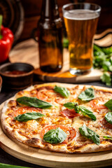Pizza margherita with beer