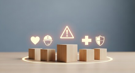 Wooden blocks displaying glowing health, safety, and protection icons on a light surface