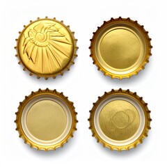 Four golden bottle caps, two plain, two with embossed designs, displayed against a white background