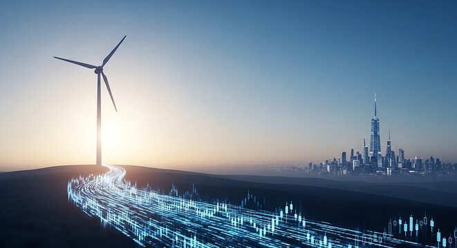 Sustainable Cityscape Wind Turbine Powering Urban Future,  Renewable Energy - Powered by Adobe