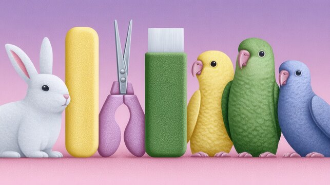 Creative pet grooming tools and adorable animals arranged in harmony during a vibrant afternoon spa session. International Pet Groomer Appreciation Day - Powered by Adobe