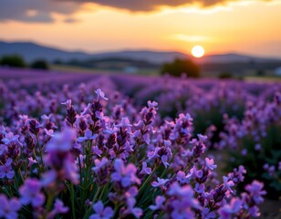 Fototapeta premium Lavender Field Sunset with Fairy Lights and Orbs