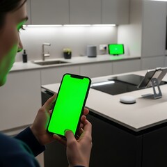 A person in a modern kitchen uses a smartphone with a green screen, focusing on smart home technology.