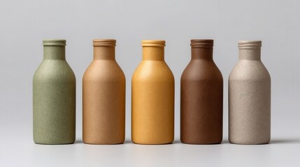 Creative flat lay of assorted recyclable bottles showcasing eco-friendly materials and colors in a modern setting. National Recycling Day and Week,  America Recycles Day