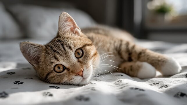 Relaxing spayed cat enjoying a sunlit afternoon on a cozy bed surrounded by soft textures. National Prevent a Litter Month