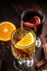 Hot mulled wine with orange and cinnamon