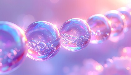 Iridescent spheres, connected in a chain, filled with smaller bubbles, glow with soft pink and purple light against a bokeh background