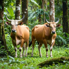 Two oxen in a lush rainforest
