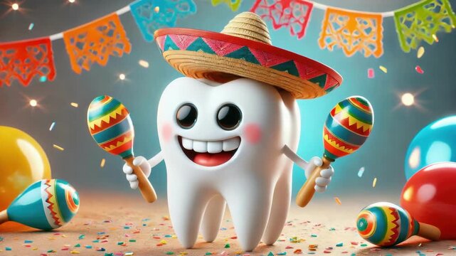 Festive tooth with maracas and sombrero celebrates mexican fiesta. Cinco de Mayo, Battle of Puebla Day, Mexican Heritage Festival - Latin American Cultural Celebration