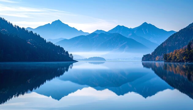 Tranquil lake mirroring misty mountains