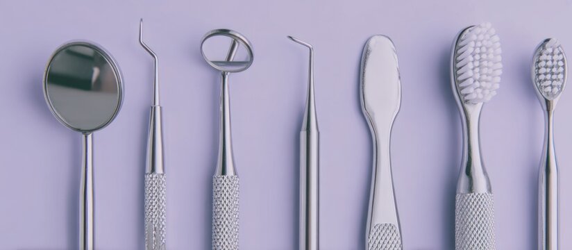 A lineup of dental tools, including a mirror, picks, and toothbrushes, arranged on a lilac background