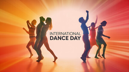 Silhouettes of people dancing against a radiant background celebrating International Dance Day