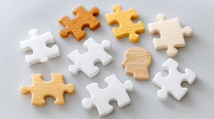 Obraz premium Puzzle Pieces with Human Head Icon Psychology Concept on Gray Background