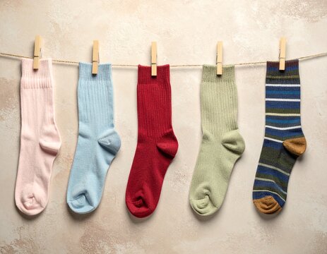 Colorful socks hanging on clothesline with wooden clothespins against textured wall