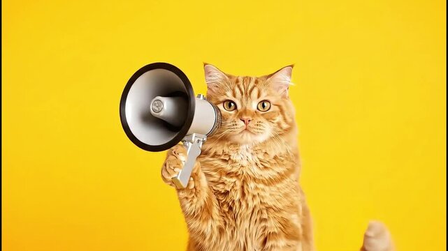 Cat with Megaphone: A ginger cat, holding a megaphone, against a vibrant yellow background, creating a humorous and eye-catching image.
