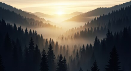 Obraz premium Misty Mountain Forest Sunrise Scenic Beauty