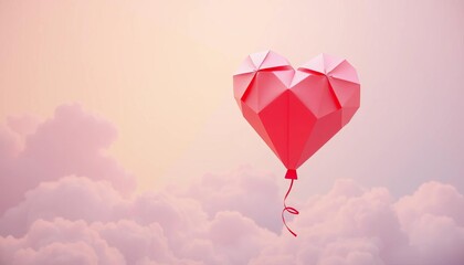 Pastel origami heart balloon floating amidst nature cloudscape Valentine's Day paper cut design, craft, spring