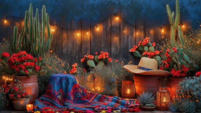 Vibrant outdoor scene with cactus, marigolds, blanket, and straw hat under string lights. Cinco de Mayo, Battle of Puebla Day, Mexican Heritage Festival - Latin American Cultural Celebration
