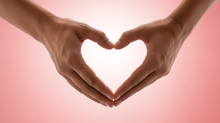 Fototapeta premium Two hands forming a heart shape against a soft pink background