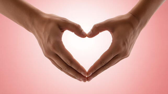 Two hands forming a heart shape against a soft pink background