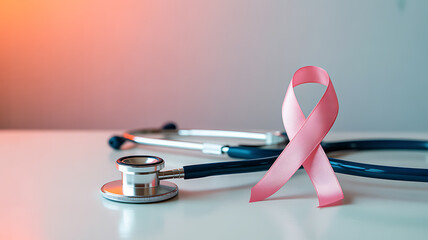 Pink ribbon and stethoscope on a medical surface, symbolizing breast cancer awareness