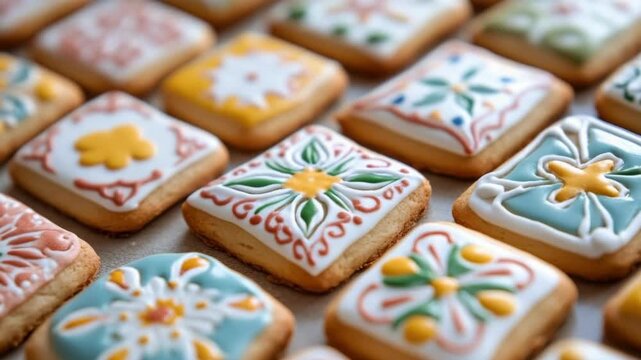 Colorful iced cookies with ornate patterns. Cinco de Mayo, Battle of Puebla Day, Mexican Heritage Festival - Latin American Cultural Celebration