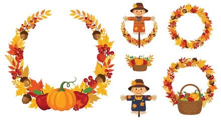 Fototapeta premium Autumnal decorations featuring scarecrows pumpkins apples berries and fall foliage arranged in circular wreaths and baskets.