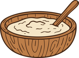 Wooden bowl of rice pudding with spoon