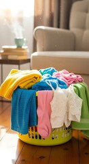 A brightly colored laundry basket overflowing with assorted garments sits on a wooden floor in a sunlit room.