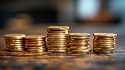 Wooden alphabet-shaped tax on stack of gold coins, office desk concept, business with tariff planning.