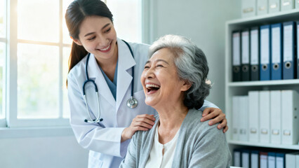 Obraz premium Young female doctor elderly woman healthcare smiling support clinic happiness trust