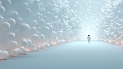 Astronaut in White Suit Walks in a Path of Spheres With a Bright Light at the End Futuristic Exploration
