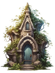 Ivy covered stone house with wooden door