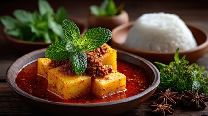 Authentic Spicy Curry Dish with Tofu Cubes and Mint Leaves on Wooden Table HDR Cinematic Lighting