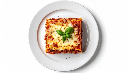 A single portion of baked lasagna, square-shaped, topped with melted cheese and fresh basil, served on a white plate against a white background